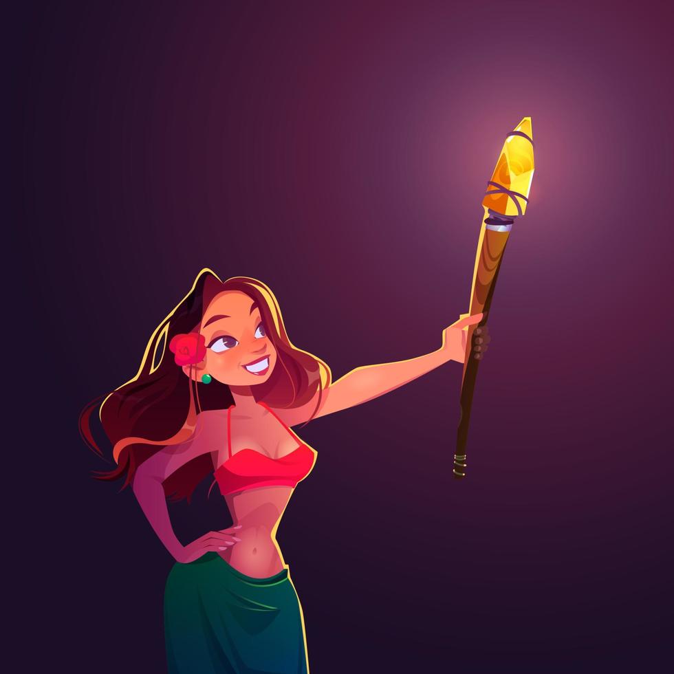 jeune femme tenant une torche d'éclairage, soirée nocturne vecteur