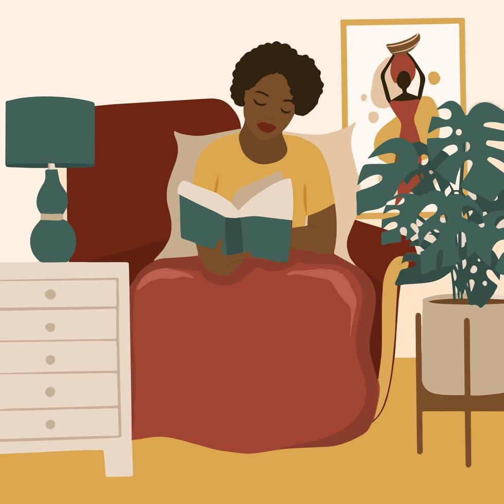 fille afro-américaine lisant un livre. scène de la vie quotidienne féminine et de la routine quotidienne par une jeune femme à l'intérieur de la maison avec des plantes d'intérieur vecteur