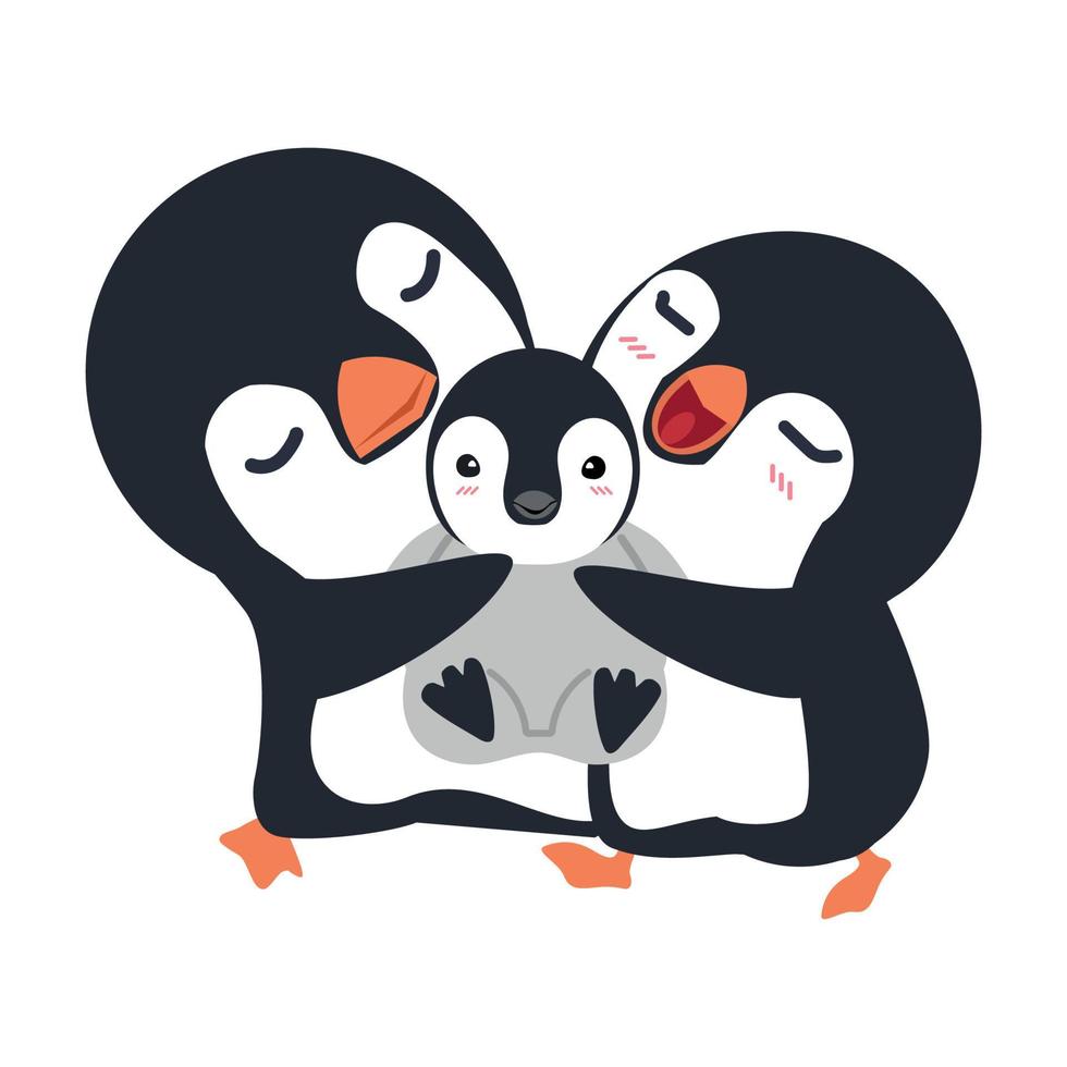 mignon couple de pingouins heureux câlin bébé vecteur