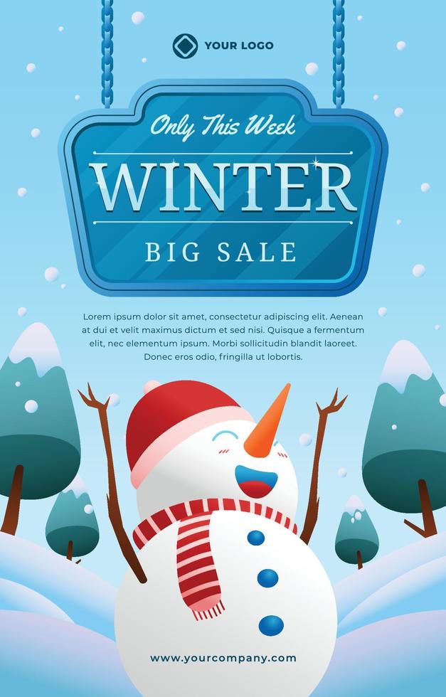 concept d'affiche de grande vente d'hiver avec bonhomme de neige vecteur
