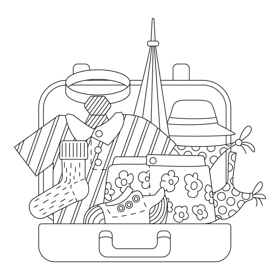 valise avec jeu d'icônes de vêtements, style de contour vecteur