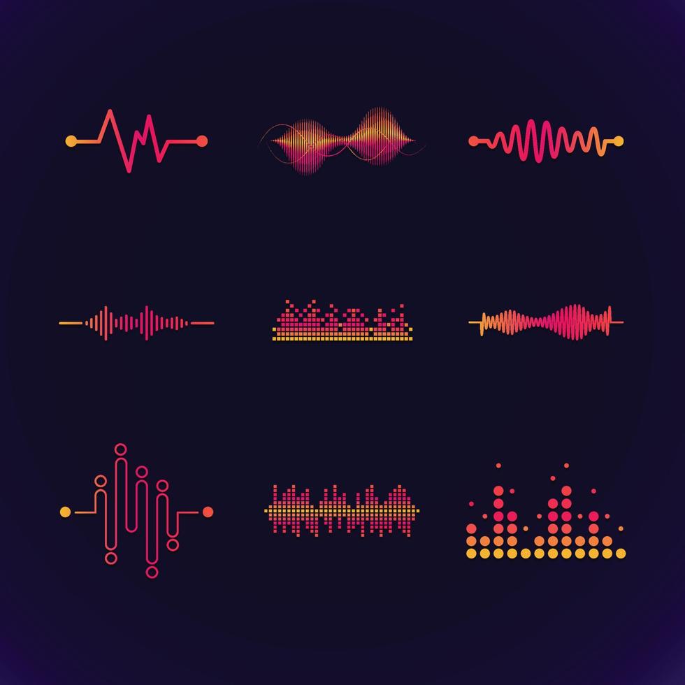 collection d'icônes colorées d'ondes sonores de couleur néon vecteur