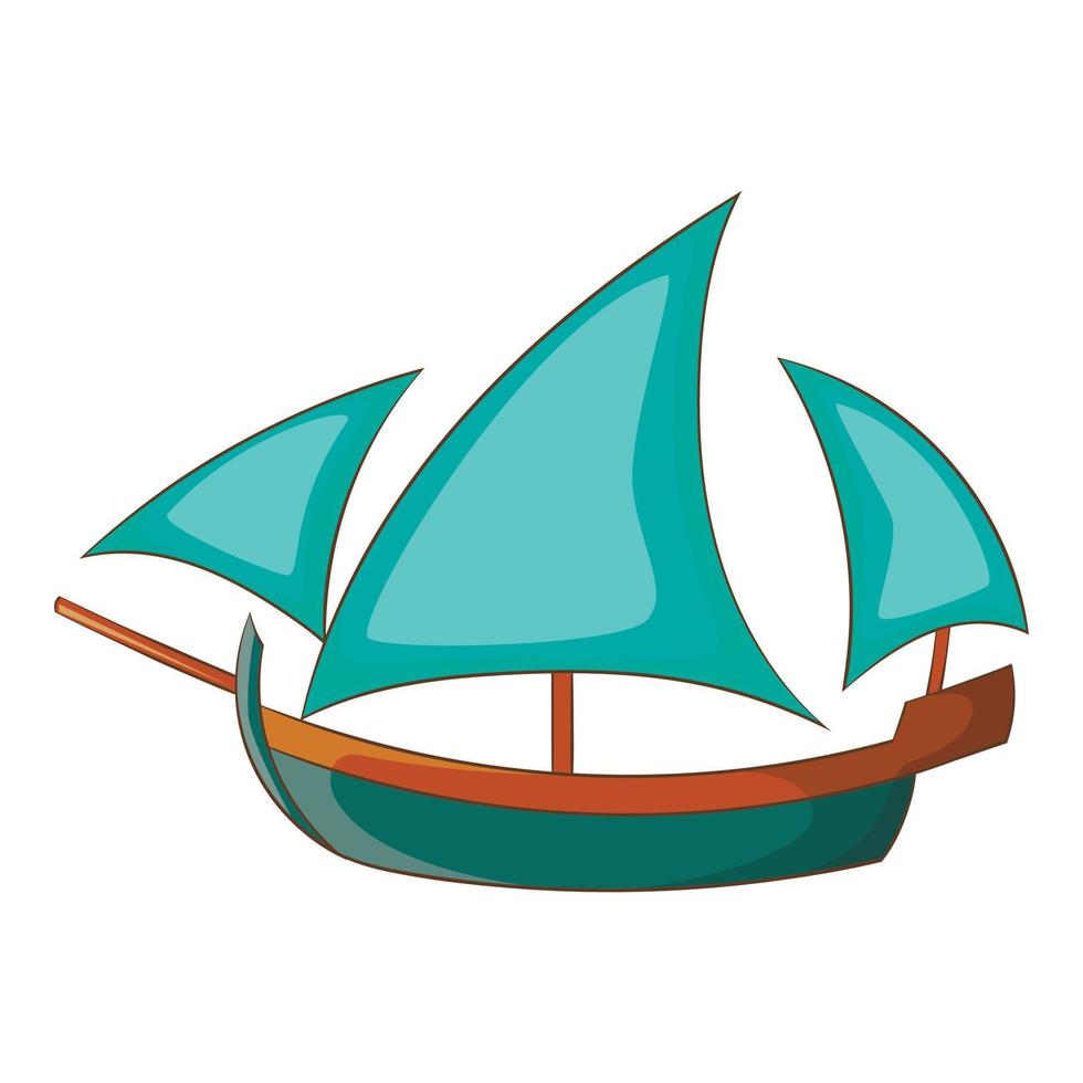 icône de bateau en bois à trois voiles, style cartoon vecteur