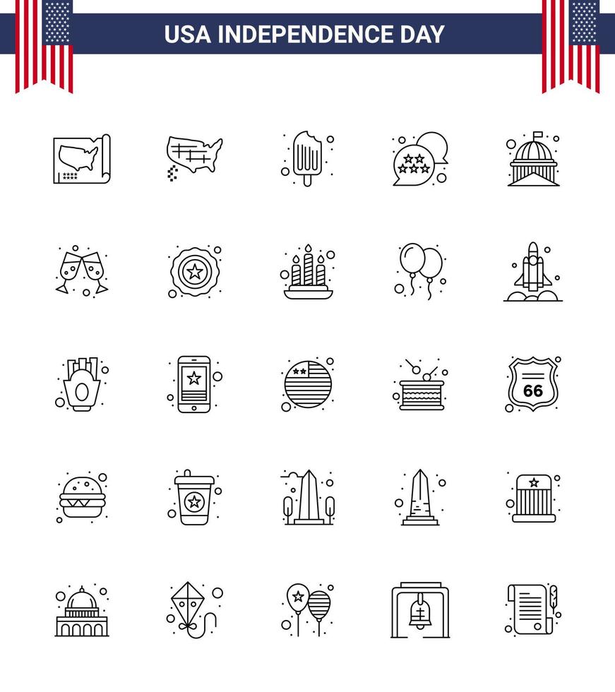 joyeux jour de l'indépendance 25 lignes pack d'icônes pour le web et l'impression bière usa drapeau historique bâtiment modifiable usa day vector design elements