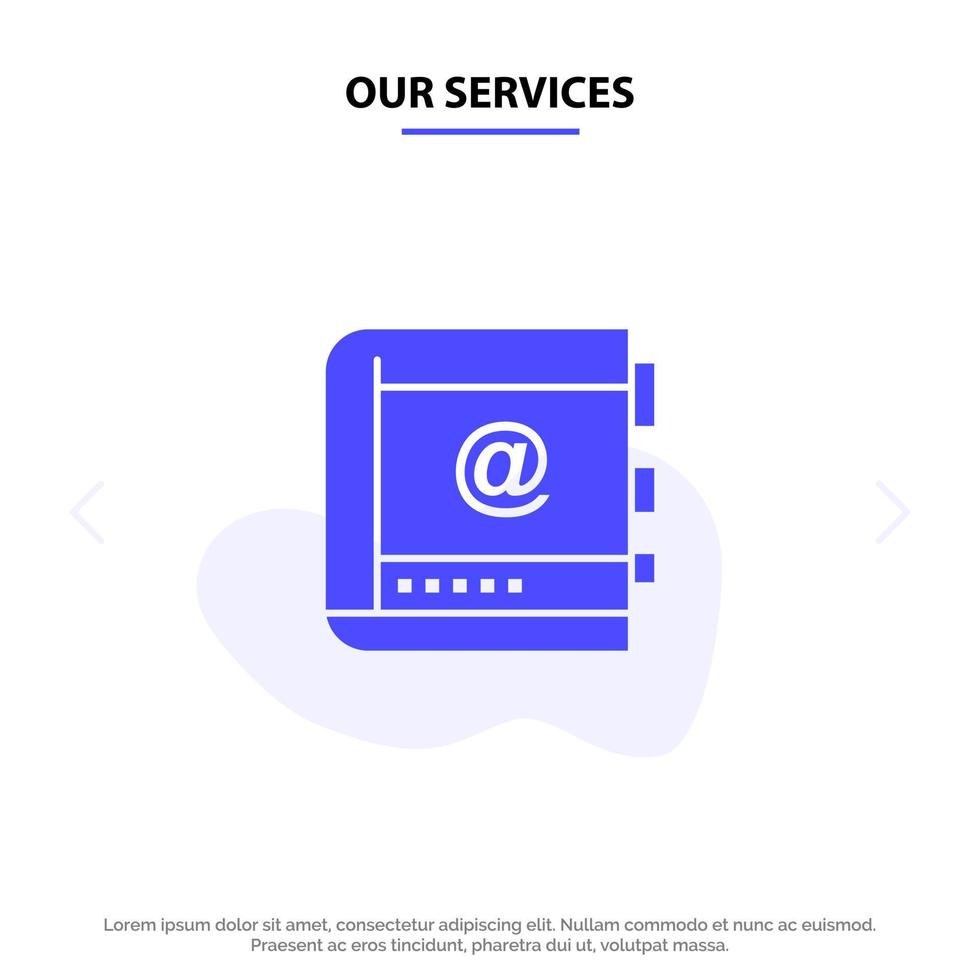 nos services livre contact d'affaires contacts l'internet téléphone icône de glyphe solide modèle de carte web vecteur
