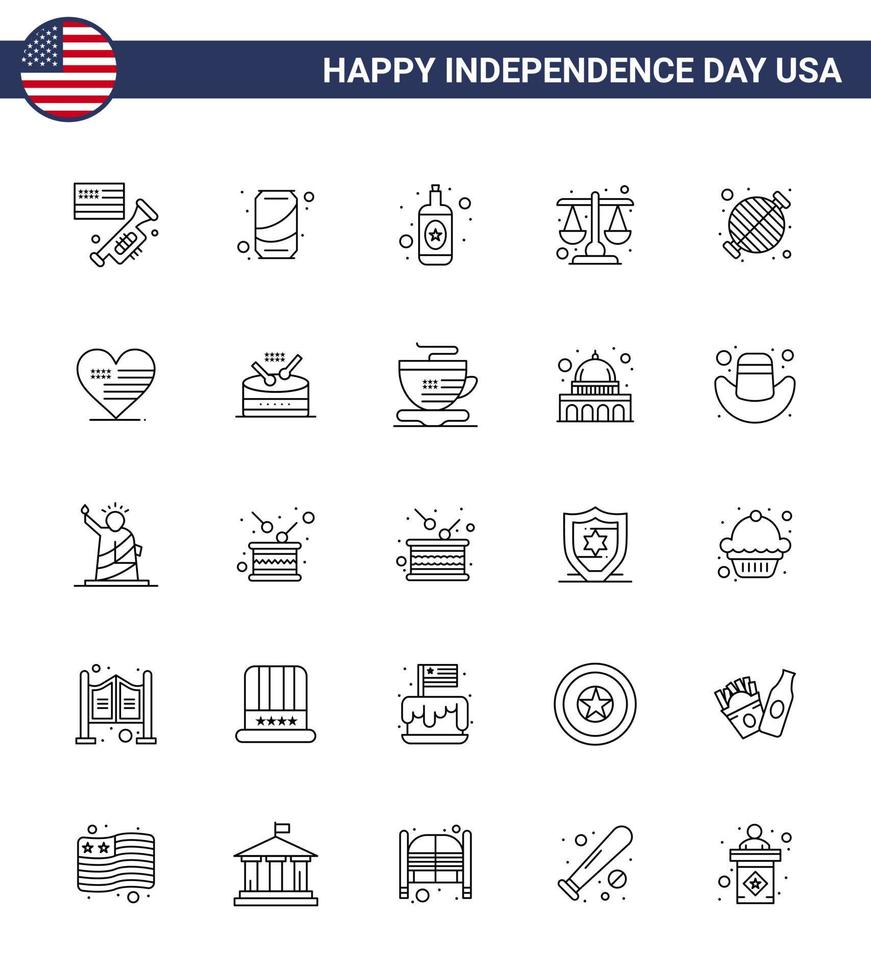 25 usa line pack de signes et symboles de la fête de l'indépendance de la nourriture barbecue échelle d'alcool justice modifiable usa day vector design elements