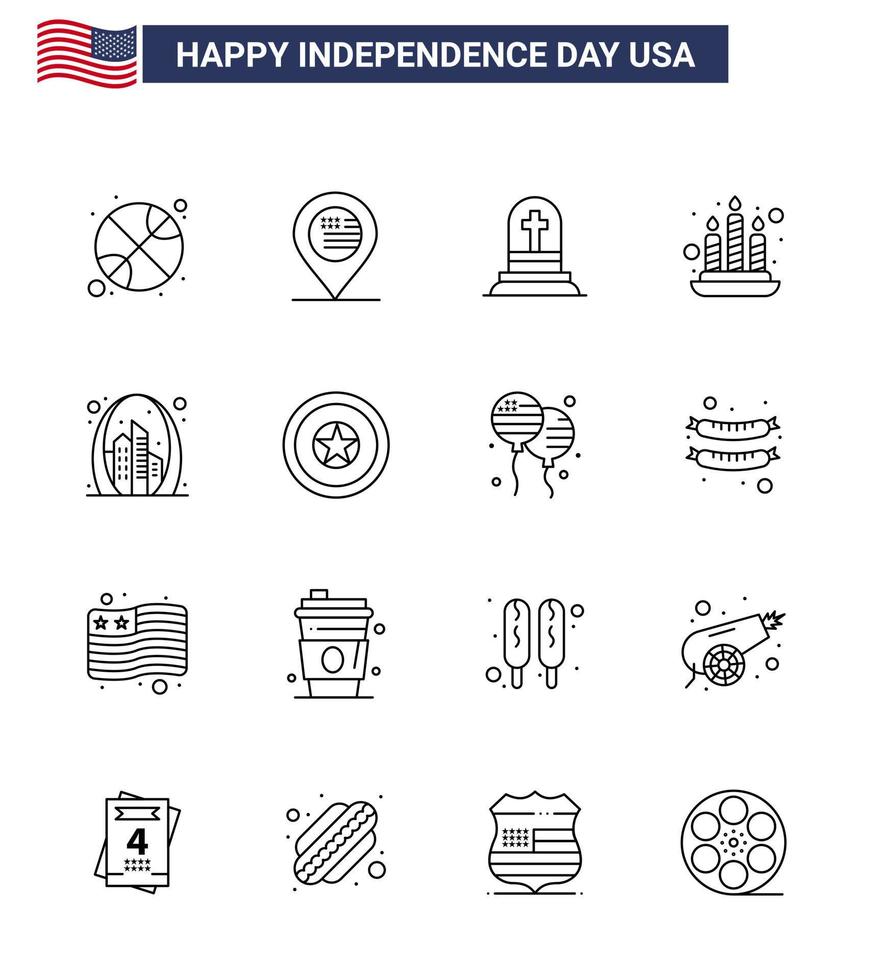 ensemble de 16 icônes de la journée des états-unis symboles américains signes de la fête de l'indépendance pour l'arche de la porte bougie de la lumière de la mort modifiable éléments de conception vectorielle de la journée des états-unis vecteur