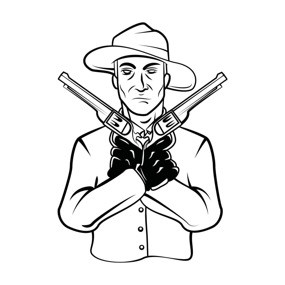 cow-boy avec pistolet noir et blanc vecteur