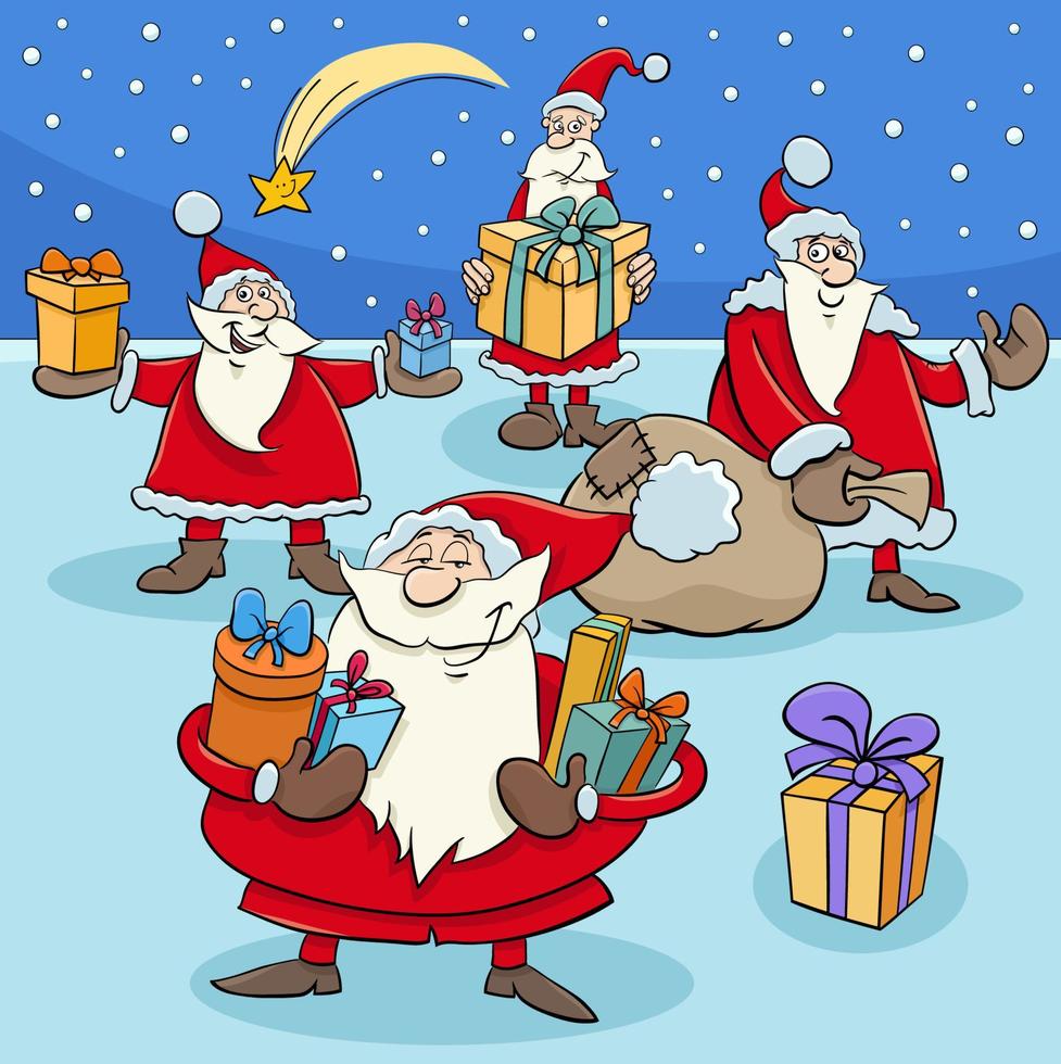 personnages de dessin animé santa clauses avec des cadeaux de noël vecteur