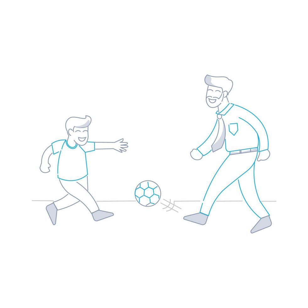 un père jouant au football avec son fils après son retour du travail dans le style d'icône de dessin en ligne vecteur