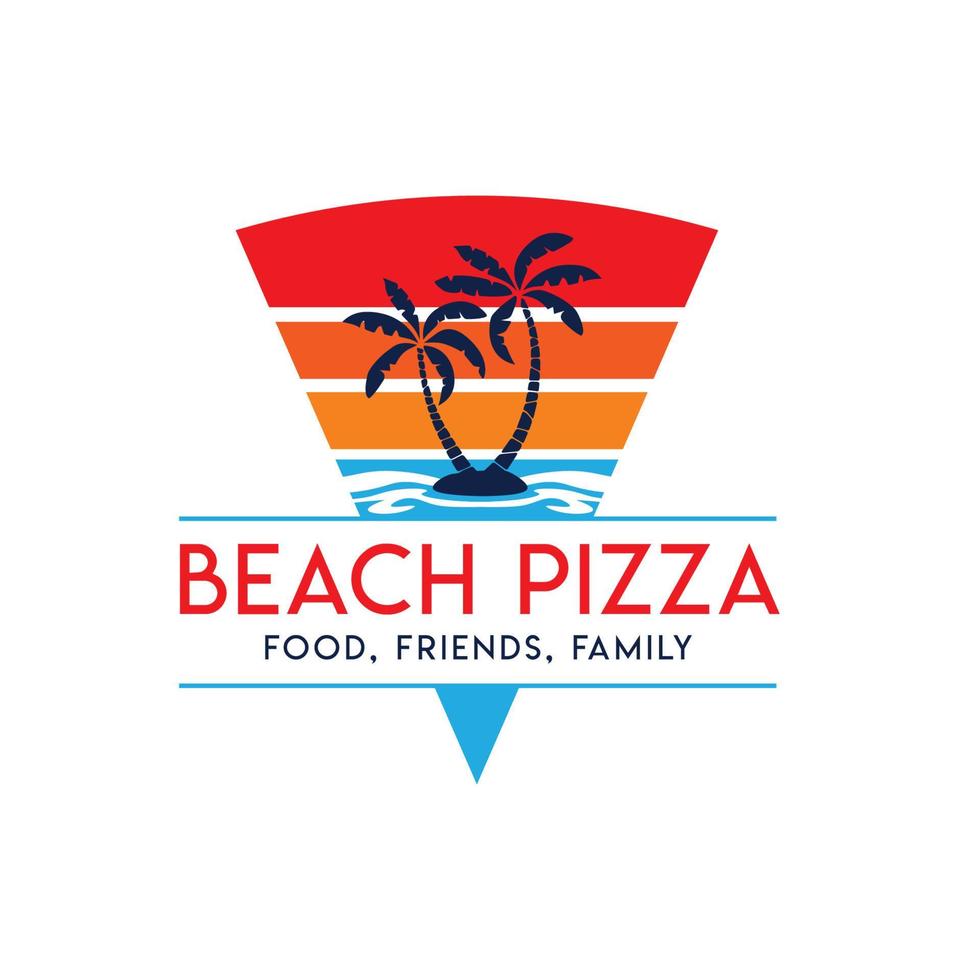 logo de pizza avec vue sur la plage au coucher du soleil, t-shirt parfait, conception d'autocollant, également pour le logo de la pizzeria vecteur