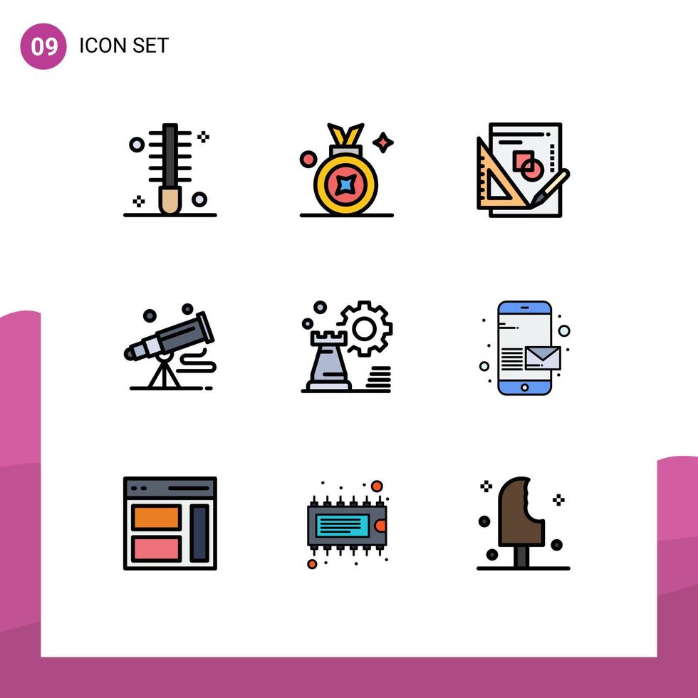 ensemble moderne de 9 pictogrammes de couleurs plates remplies d'insigne de télescope spatial graphique de spyglass éléments de conception vectoriels modifiables vecteur
