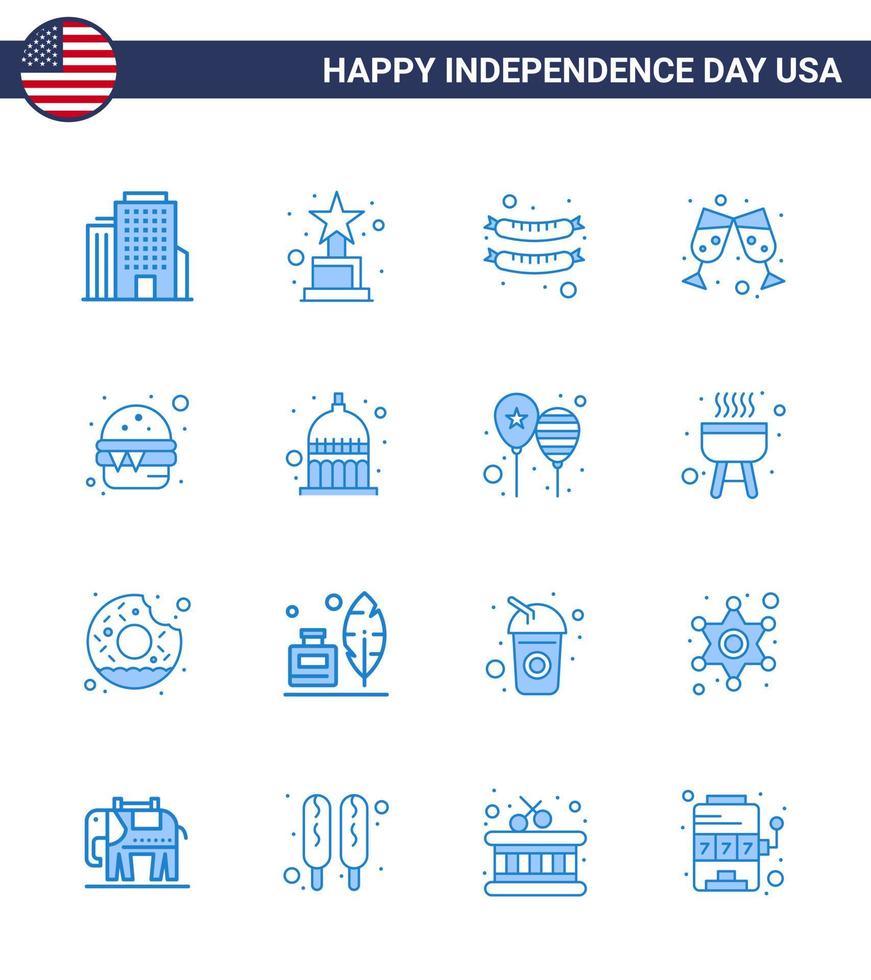 groupe de 16 blues pour le jour de l'indépendance des états-unis d'amérique tels que indianapolis repas saucisse nourriture burger modifiable usa day vector design elements