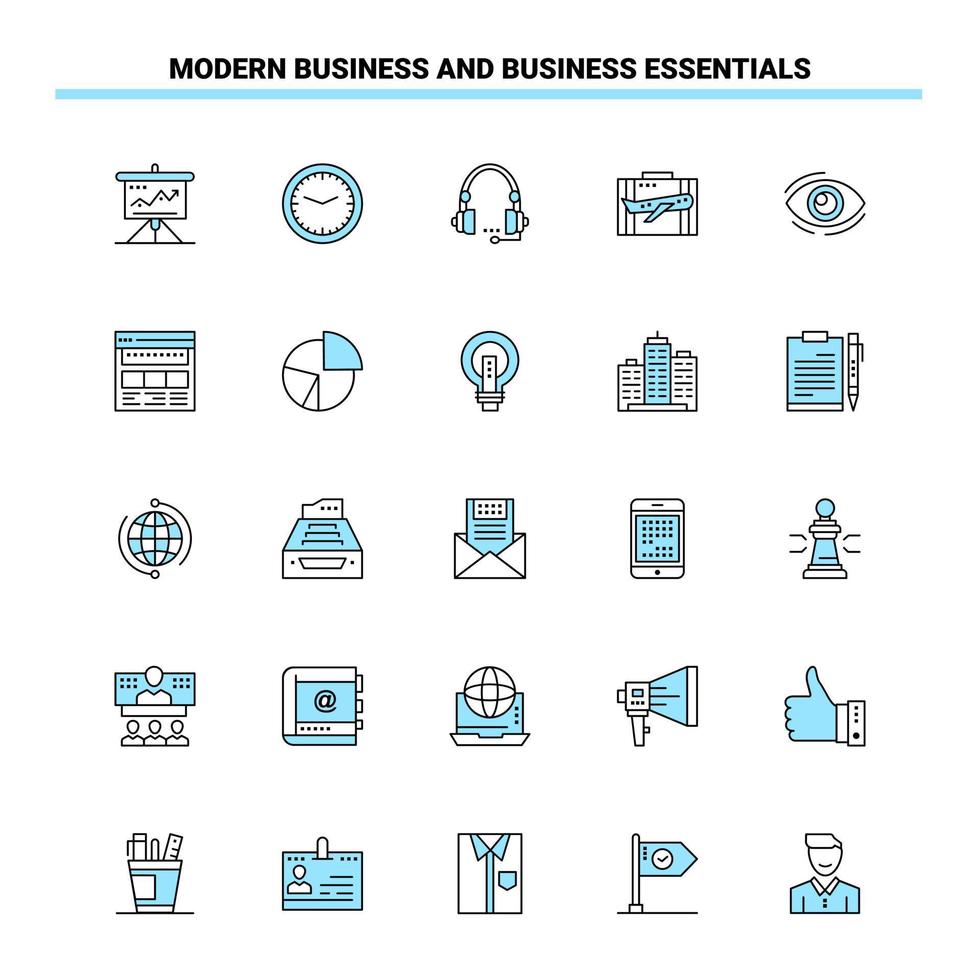 25 affaires modernes et affaires essentielles ensemble d'icônes noir et bleu conception d'icônes créatives et modèle de logo vecteur