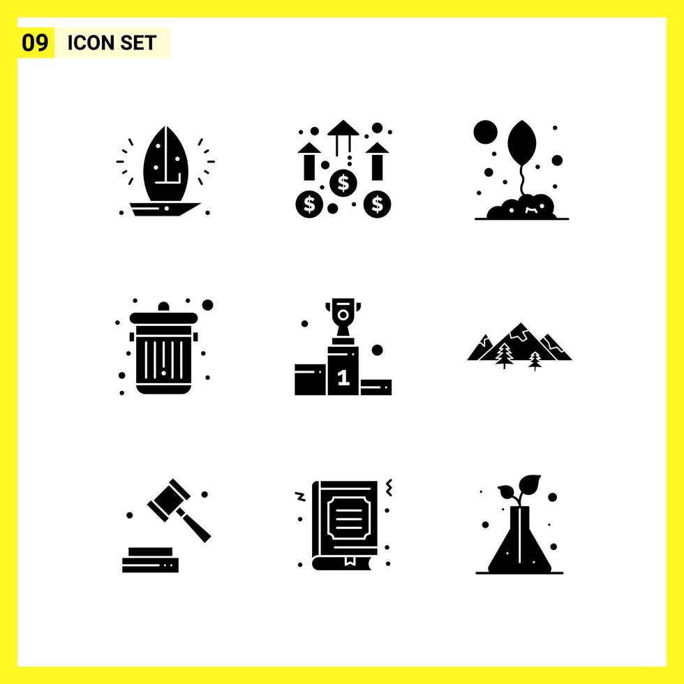9 jeu d'icônes symboles solides simples signe de glyphe sur fond blanc pour les applications mobiles de conception de sites Web et les supports d'impression vecteur