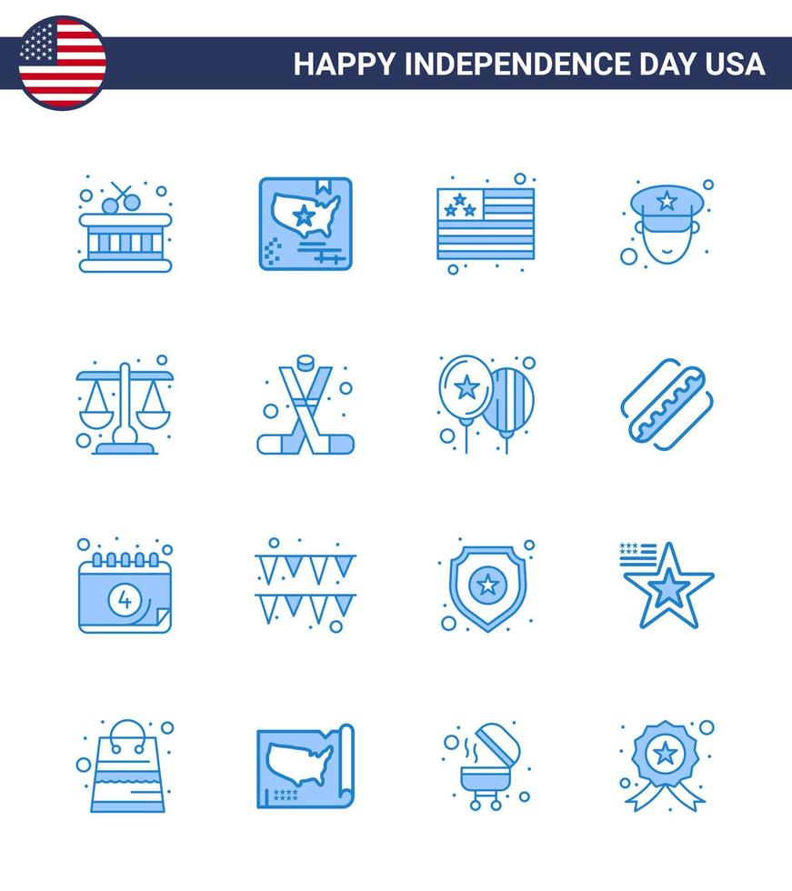 usa joyeux jour de l'indépendance ensemble de pictogrammes de 16 bleus simples de la loi du hockey drapeau justice police modifiable usa day vector design elements