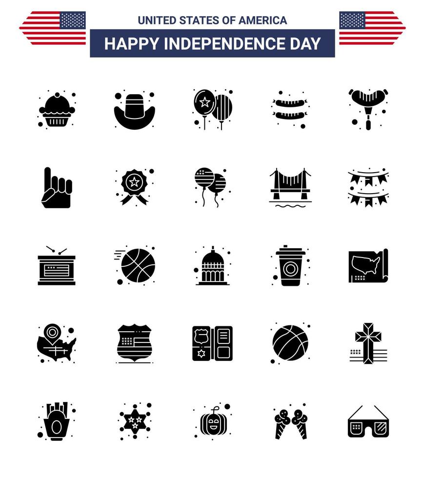 usa indépendance jour glyphe solide ensemble de 25 pictogrammes usa de badge usa day saucisse à la main modifiable usa day vector design elements