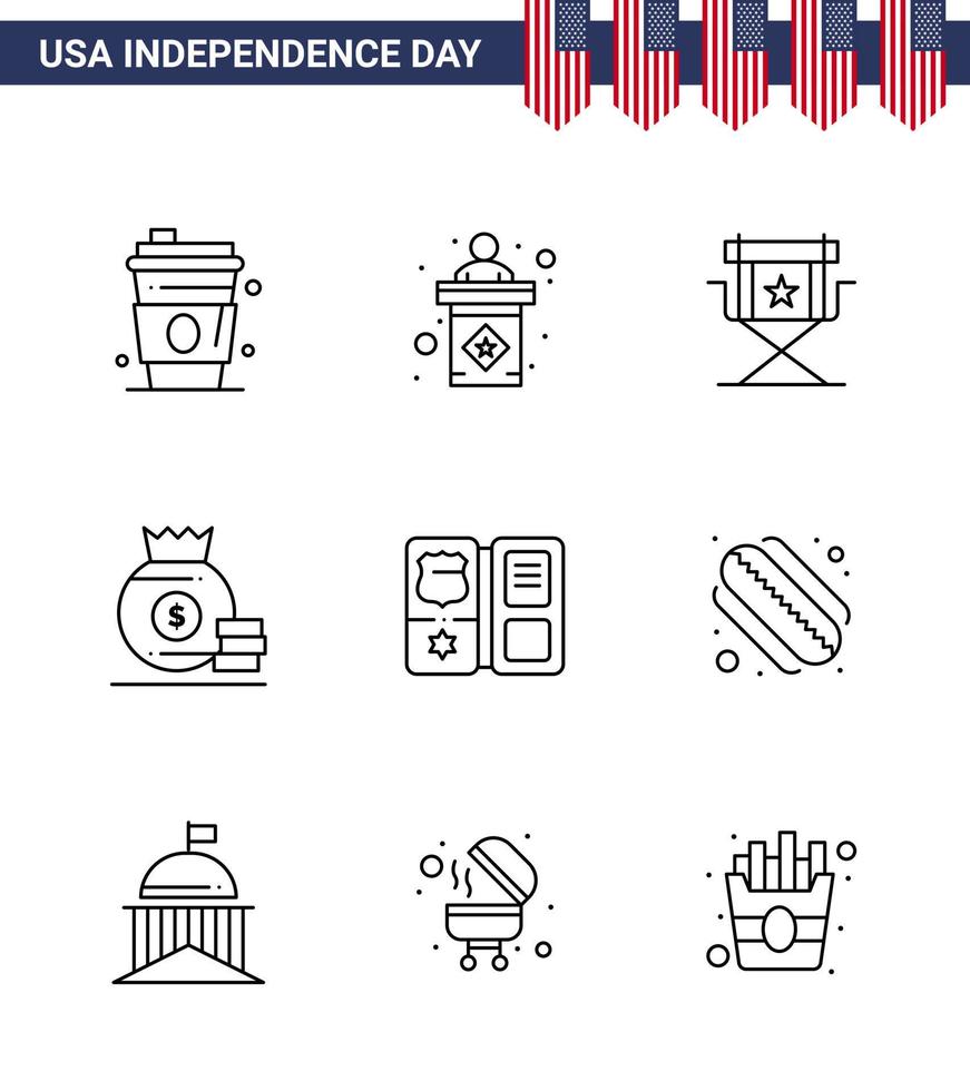 joyeux jour de l'indépendance 9 lignes pack d'icônes pour le web et l'impression livre argent chaise sac télévision modifiable usa day vector design elements