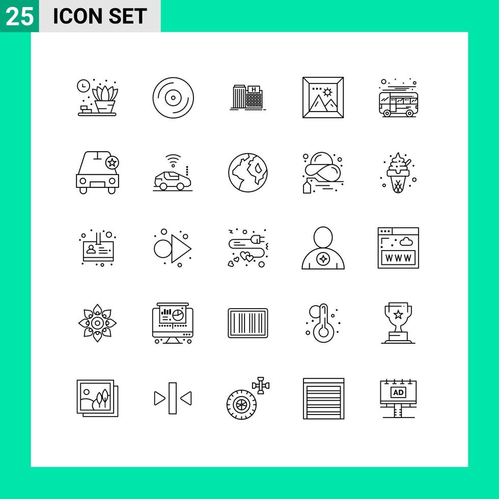 ensemble de pictogrammes de 25 lignes simples d'éléments de conception vectorielle modifiables de photo de voyage médical d'autobus d'autocar vecteur