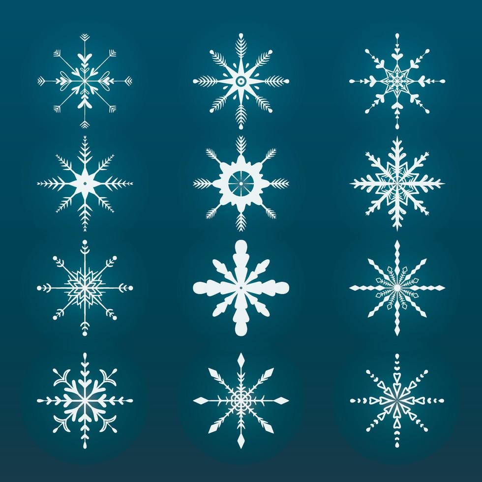 illustration plate de vecteur. ensemble de flocons de neige brillants du nouvel an et de noël. décoration de fond. vecteur