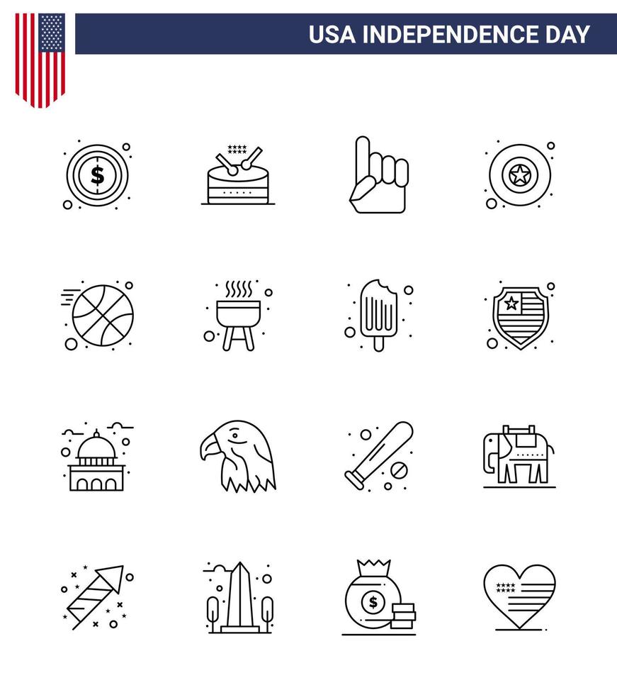 ensemble moderne de 16 lignes et symboles le jour de l'indépendance des états-unis, tels que le basket-ball sportif mousse main étoile insigne modifiable usa day vector design elements