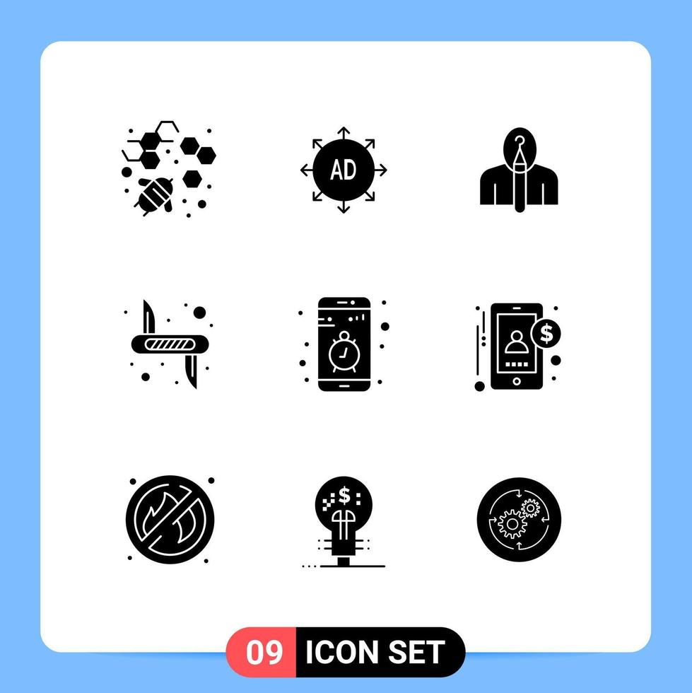 pictogramme ensemble de 9 glyphes solides simples d'app artiste arme couteau éléments de conception vectoriels modifiables vecteur