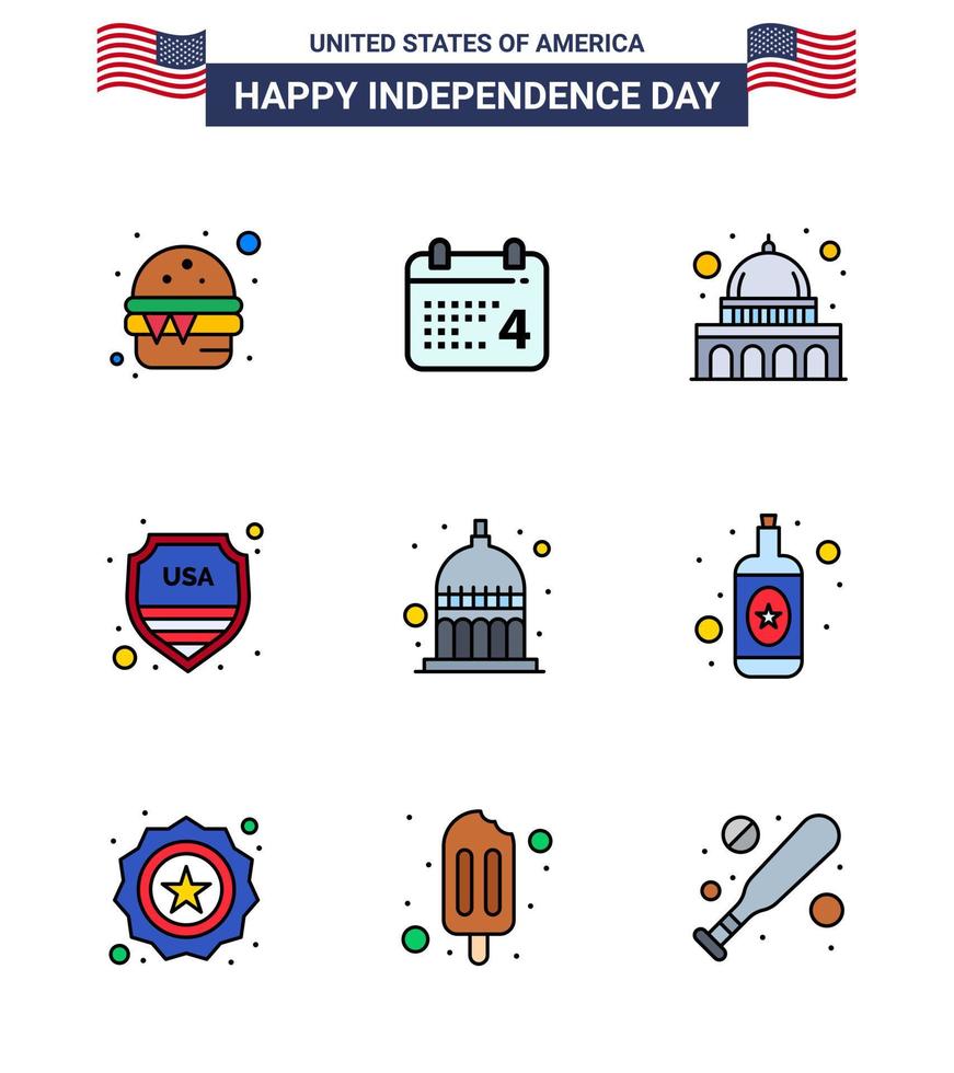 pack de 9 célébrations de la fête de l'indépendance des états-unis signes de lignes remplies à plat et symboles du 4 juillet tels que indianapolis usa capitol sign security modifiable usa day vector design elements