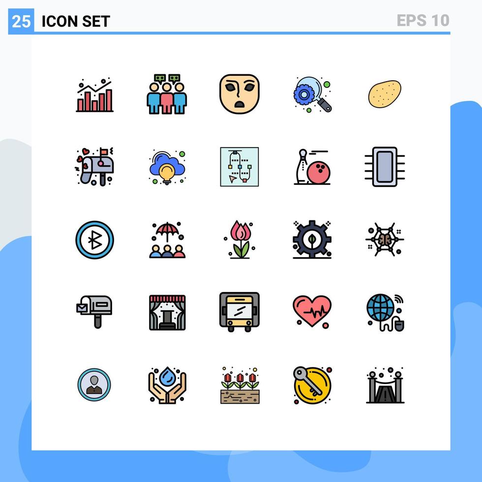 groupe de 25 couleurs plates de lignes remplies modernes définies pour les éléments de conception vectoriels modifiables d'optimisation de patate en colère de nourriture de lettre vecteur