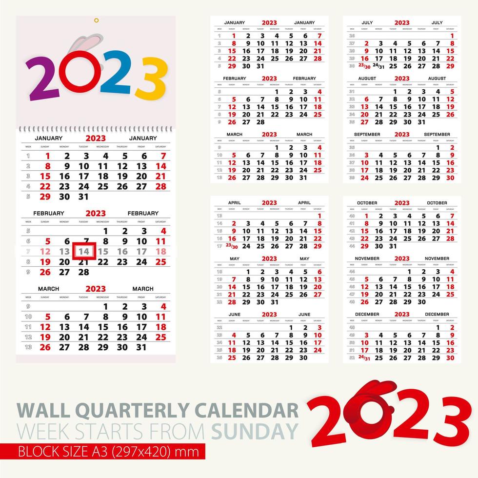 modèle d'impression du calendrier trimestriel mural pour l'année 2023. année du tigre. vecteur