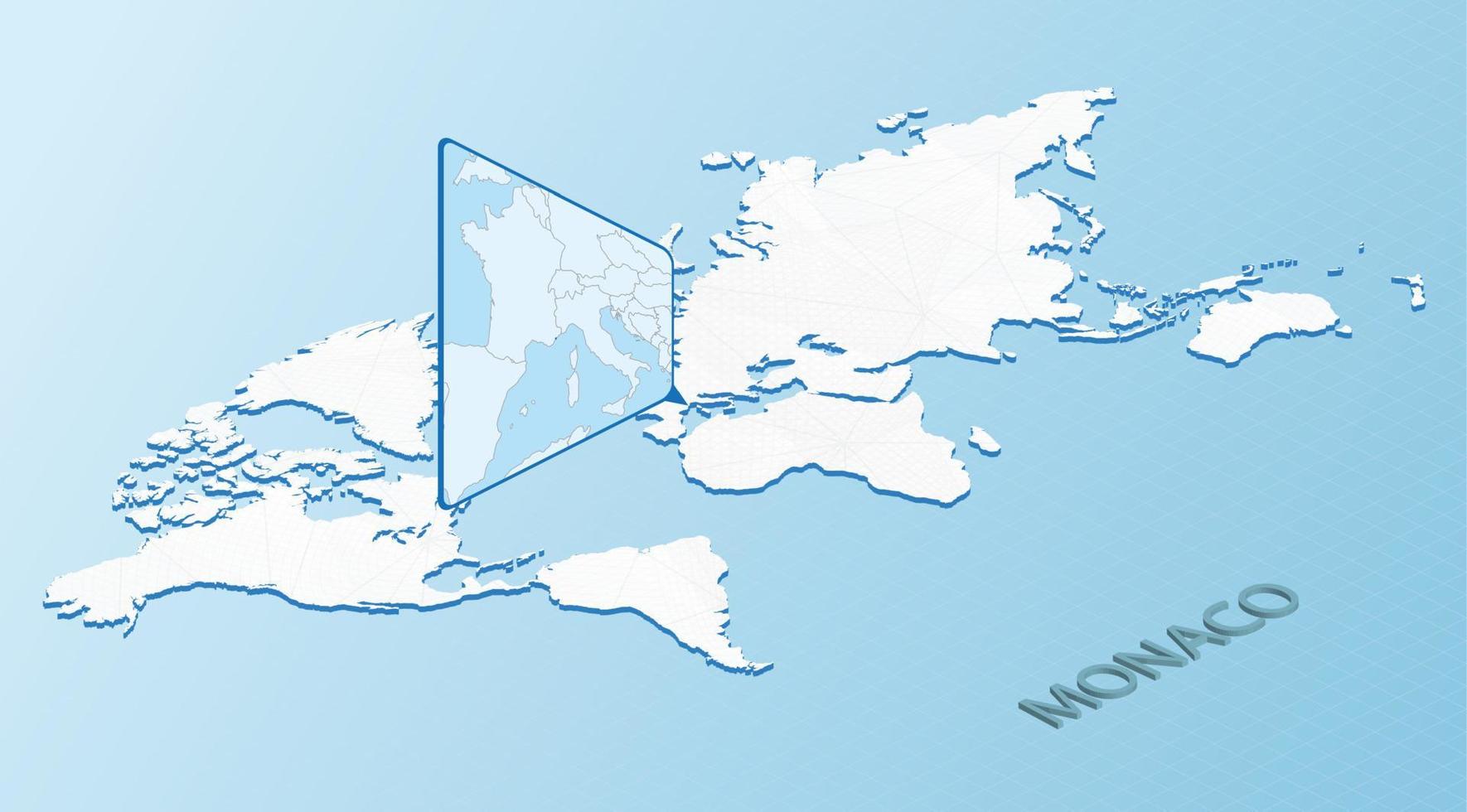 carte du monde en style isométrique avec carte détaillée de monaco. carte de monaco bleu clair avec carte du monde abstraite. vecteur