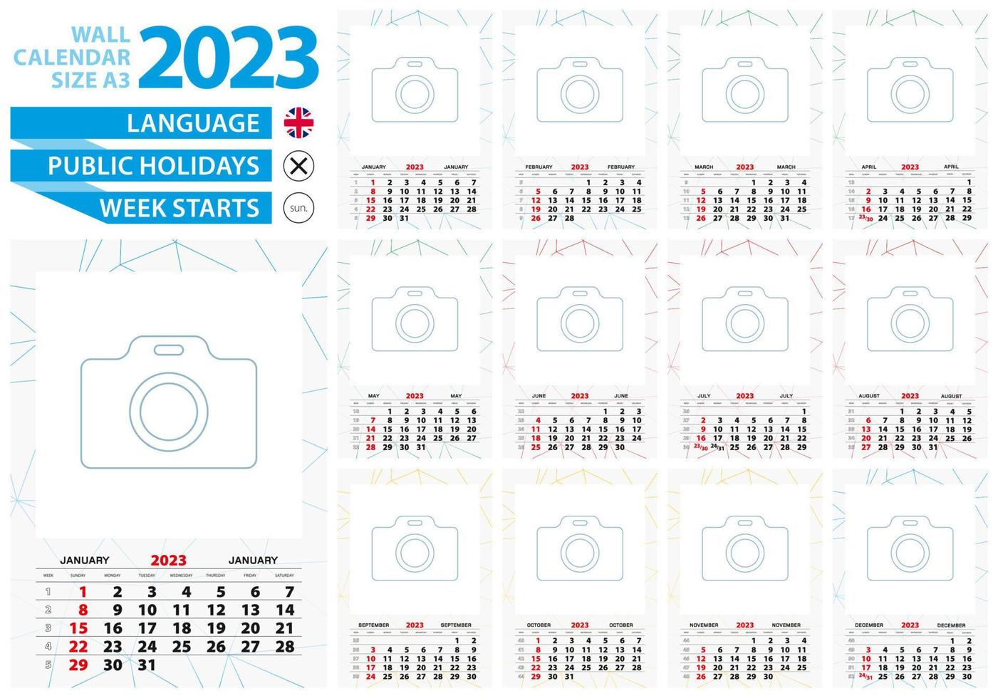 calendrier mural de taille a3 année 2023 avec fond ligné abstrait et place pour votre photo. vecteur