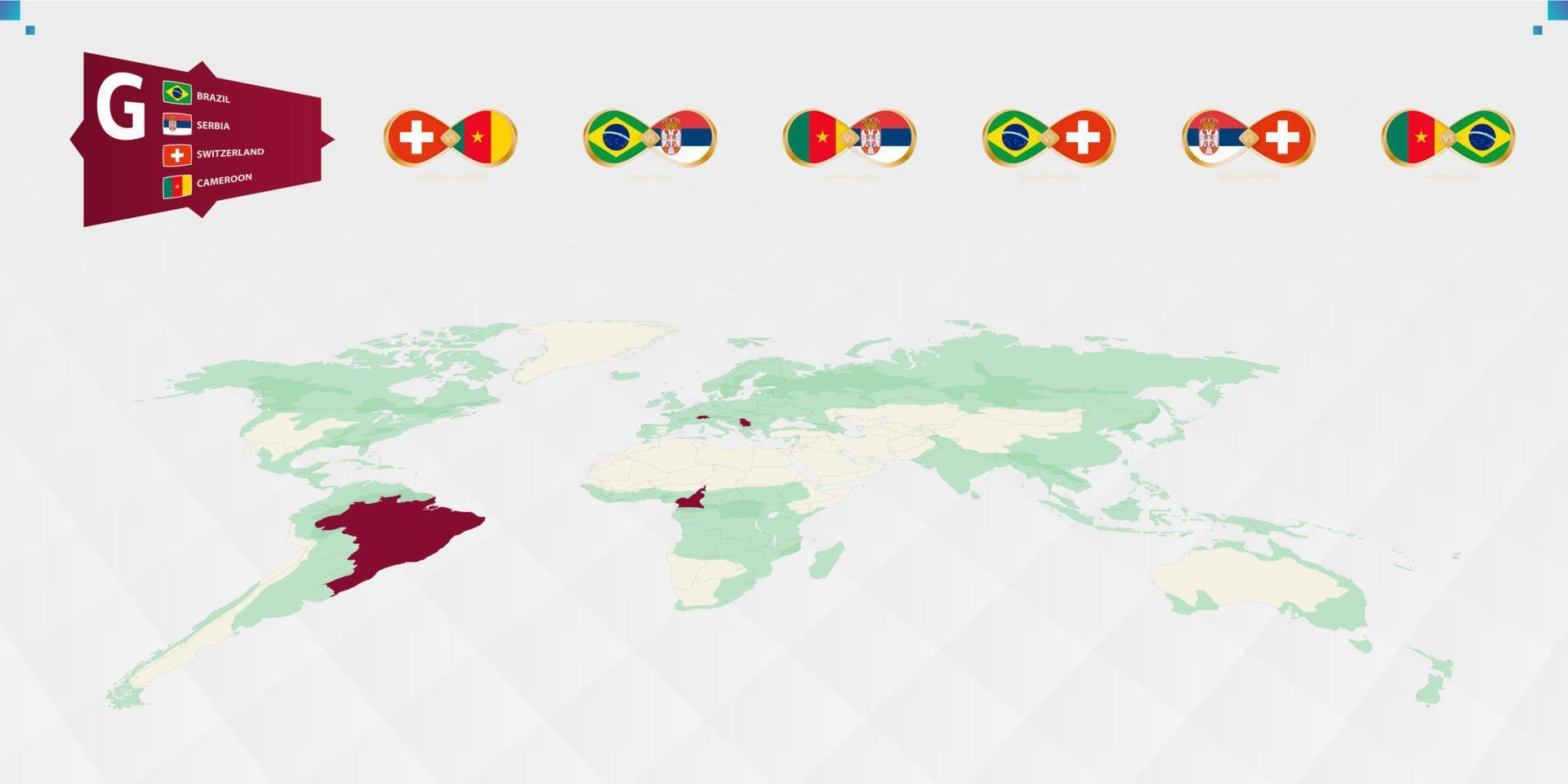 participants du groupe g du tournoi de football, mis en évidence en bordeaux sur la carte du monde. tous les jeux collectifs. vecteur