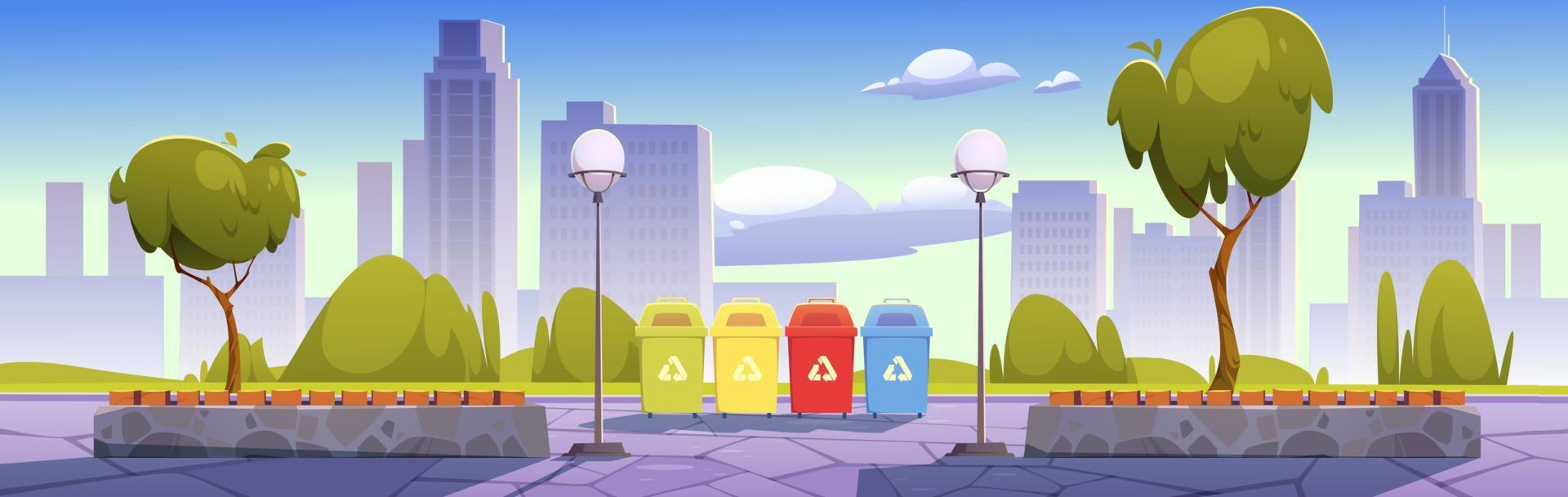 parc de la ville avec bacs de recyclage pour le tri des déchets vecteur