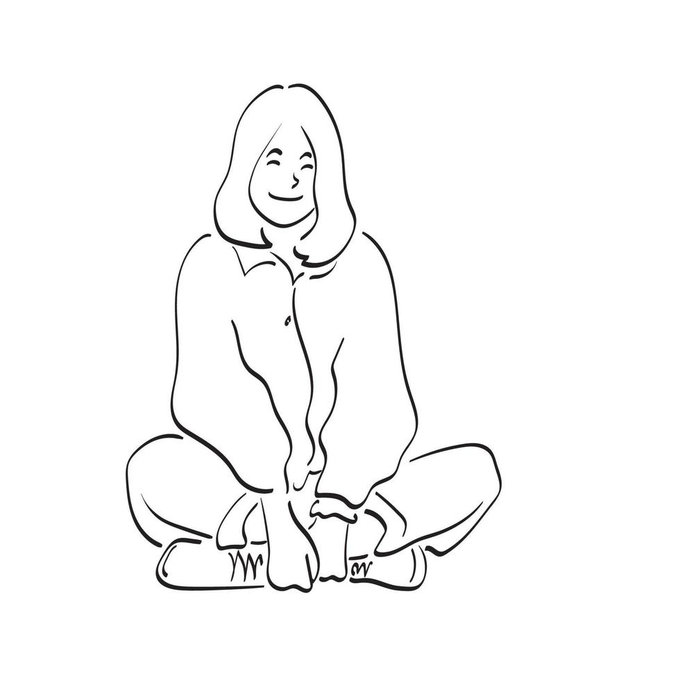 dessin au trait pleine longueur femme souriante assise sur le sol illustration vecteur dessiné à la main isolé sur fond blanc