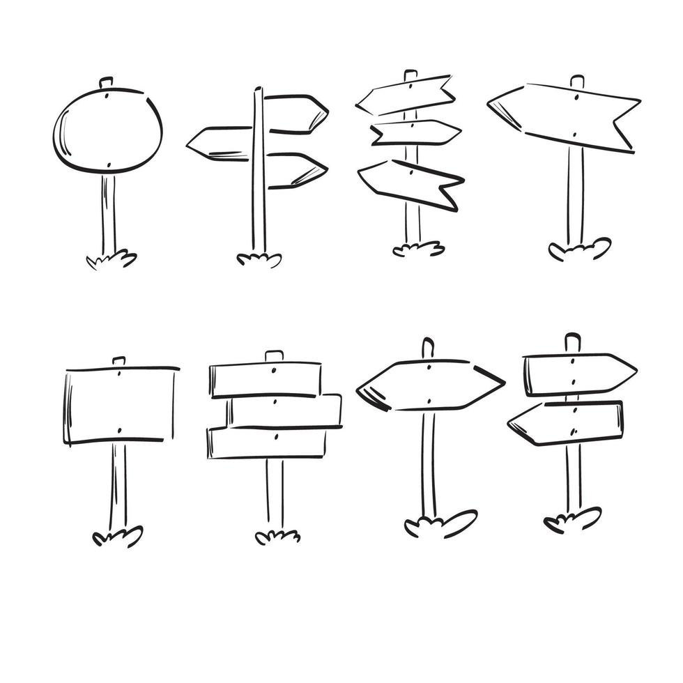 panneau de signalisation en bois jeu d'icônes illustration vectorielle dessinés à la main isolé sur fond blanc dessin au trait. vecteur