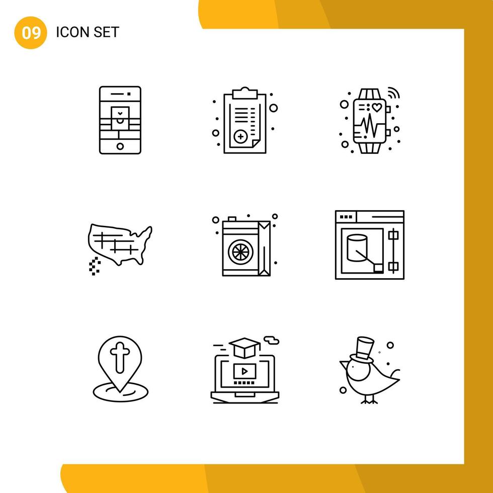 contour de l'interface mobile ensemble de 9 pictogrammes de boisson états de prescription unis battement de coeur éléments de conception vectoriels modifiables vecteur