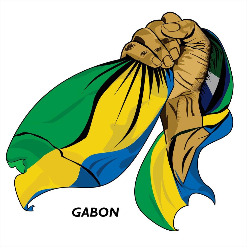 main poing tenant le drapeau gabonais. illustration vectorielle du drapeau saisissant la main levée. drapeau drapé autour de la main. format eps évolutif vecteur