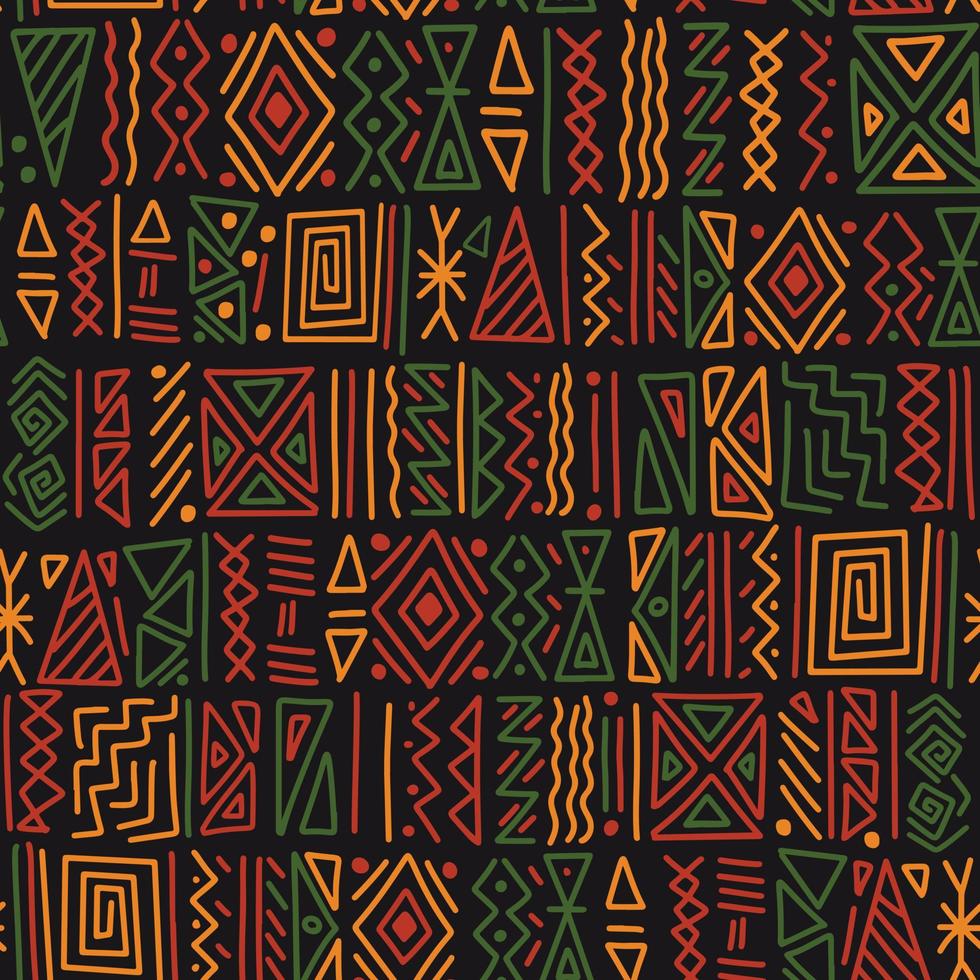affrontement tribal ethnique africain ornement sans soudure de fond. fond de symboles simples dessinés à la main dans les couleurs africaines traditionnelles - noir, rouge, jaune, vert. imprimé décoratif kwanzaa vecteur