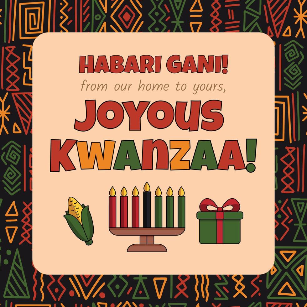 carte de voeux joyeuse kwanzaa - fête du patrimoine afro-américain avec sept bougies, maïs, icône de boîte-cadeau et arrière-plan harmonieux d'ornement tribal ethnique abstrait. modèle kwanza vecteur