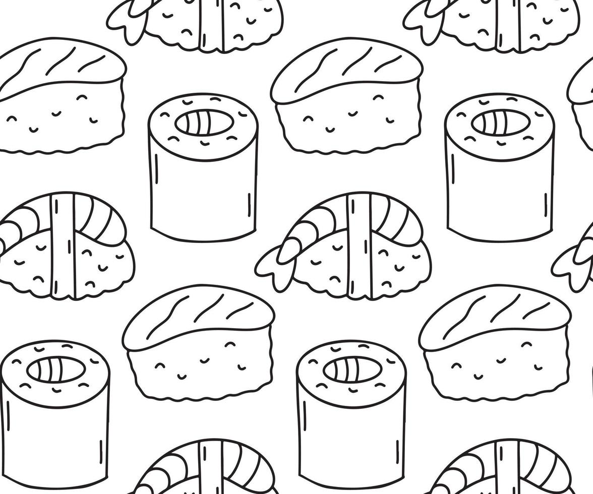 fond de motif sans couture avec des griffonnages dessinés à la main de sushi. dessin de contour, contour de différents rouleaux de sushi de nourriture asiatique toile de fond d'illustration vectorielle simple ligne, impression, papier peint vecteur