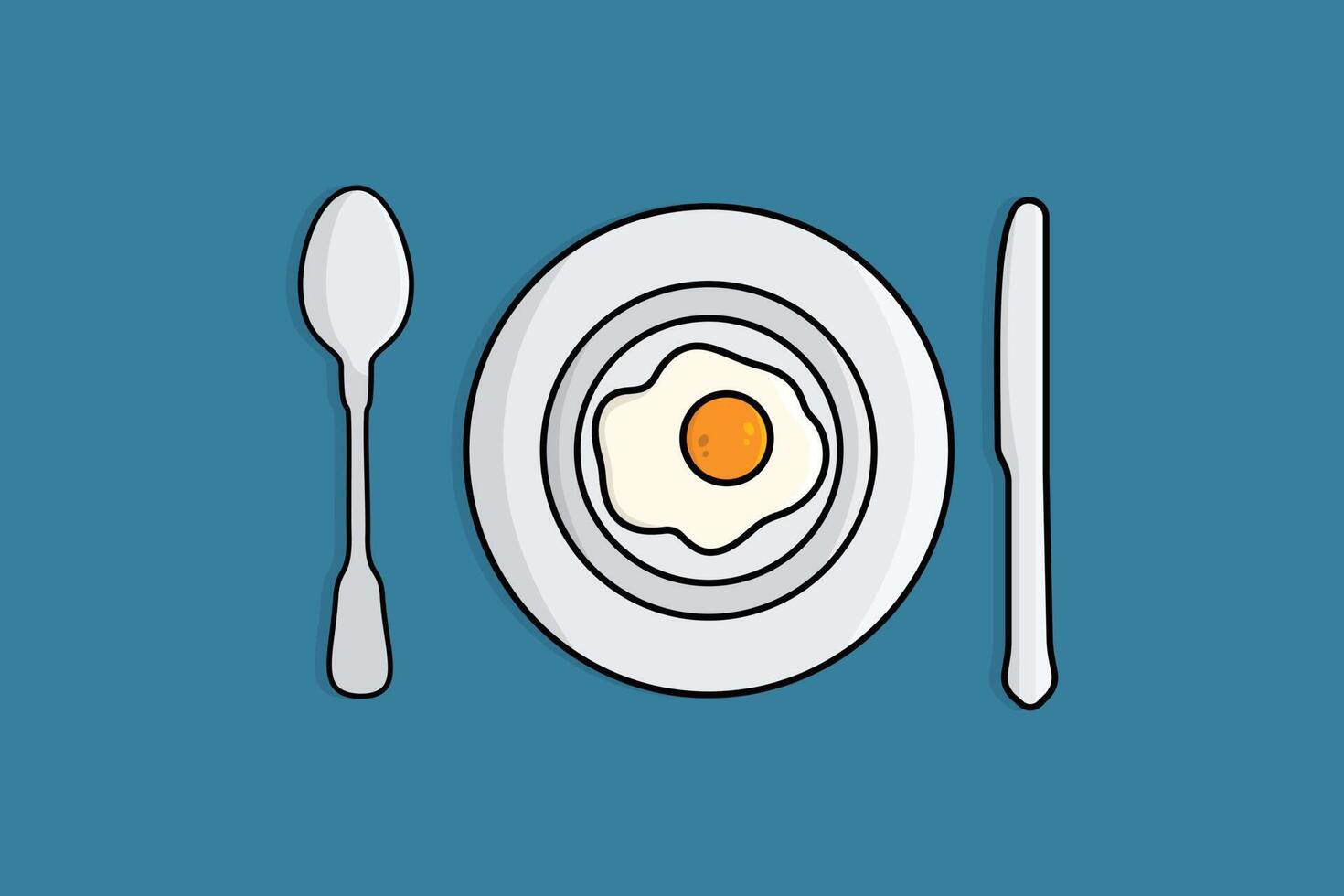 œuf frit dans une assiette avec illustration vectorielle cuillère et couteau. concept d'icône de nourriture de petit déjeuner. assiette, cuillère et couteau vue sur la conception de vecteur de fond bleu.