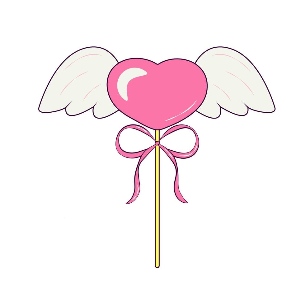 sucette mignon coeur rose avec des ailes et un arc dans un style rétro groovy vecteur