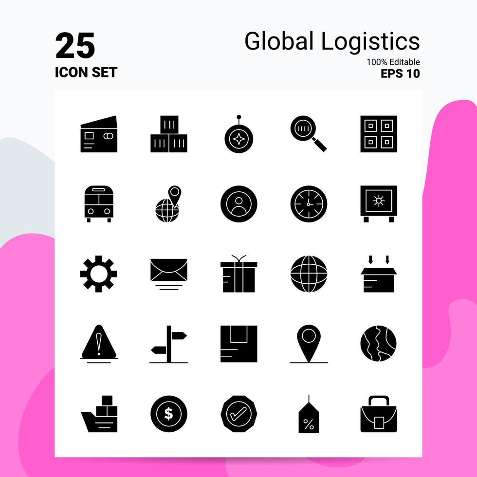 25 jeu d'icônes de logistique mondiale 100 fichiers eps modifiables 10 idées de concept de logo d'entreprise conception d'icône de glyphe solide vecteur