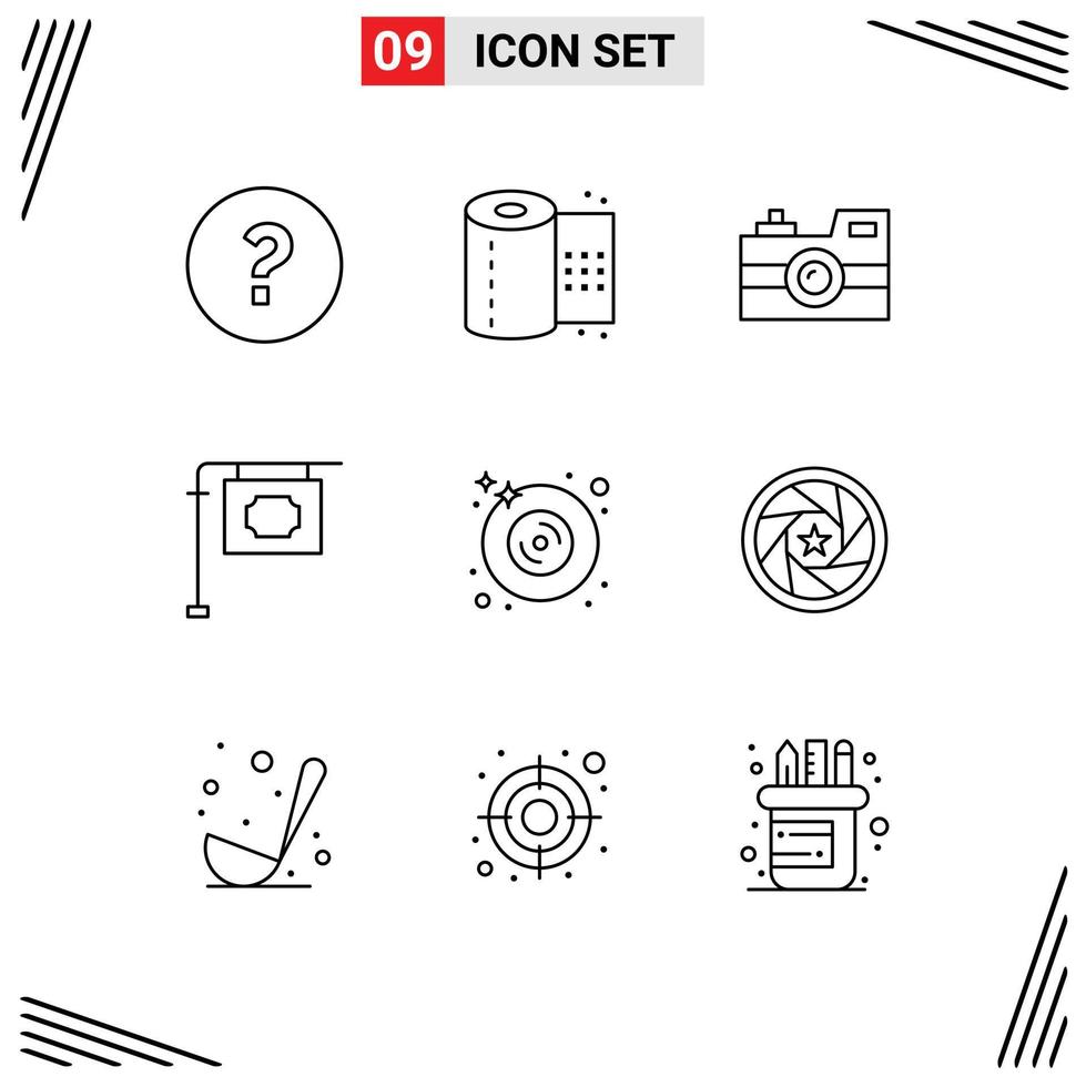 aperçu de l'interface mobile ensemble de 9 pictogrammes d'éléments de conception vectoriels modifiables de panneau de signalisation de caméra de disque multimédia vecteur