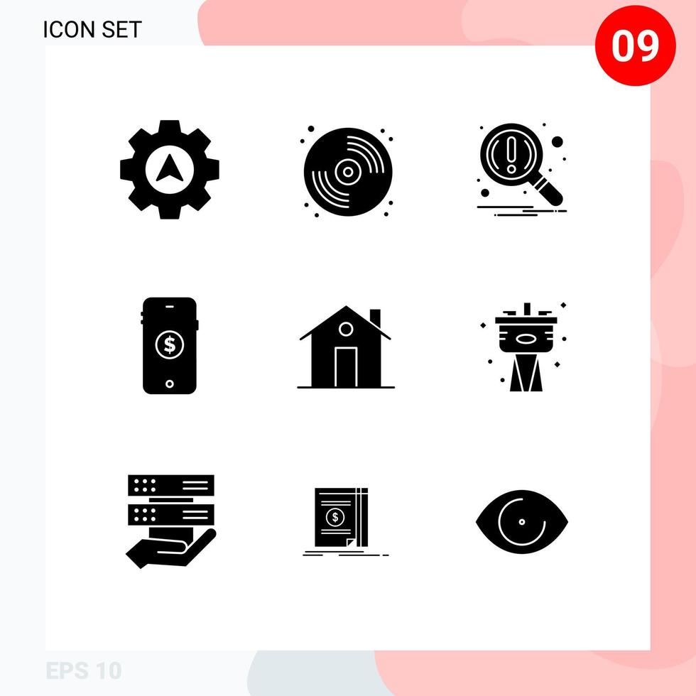 pack de 9 signes et symboles de glyphes solides modernes pour les supports d'impression Web tels que les éléments de conception vectoriels modifiables du marché en ligne de la loupe du bâtiment d'entrée vecteur