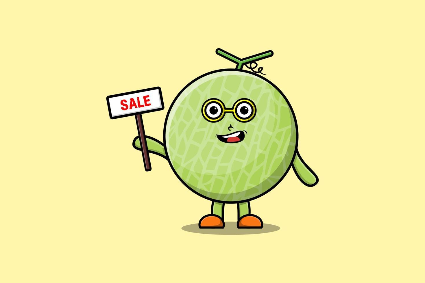 personnage de dessin animé mignon melon tenant une pancarte de vente vecteur