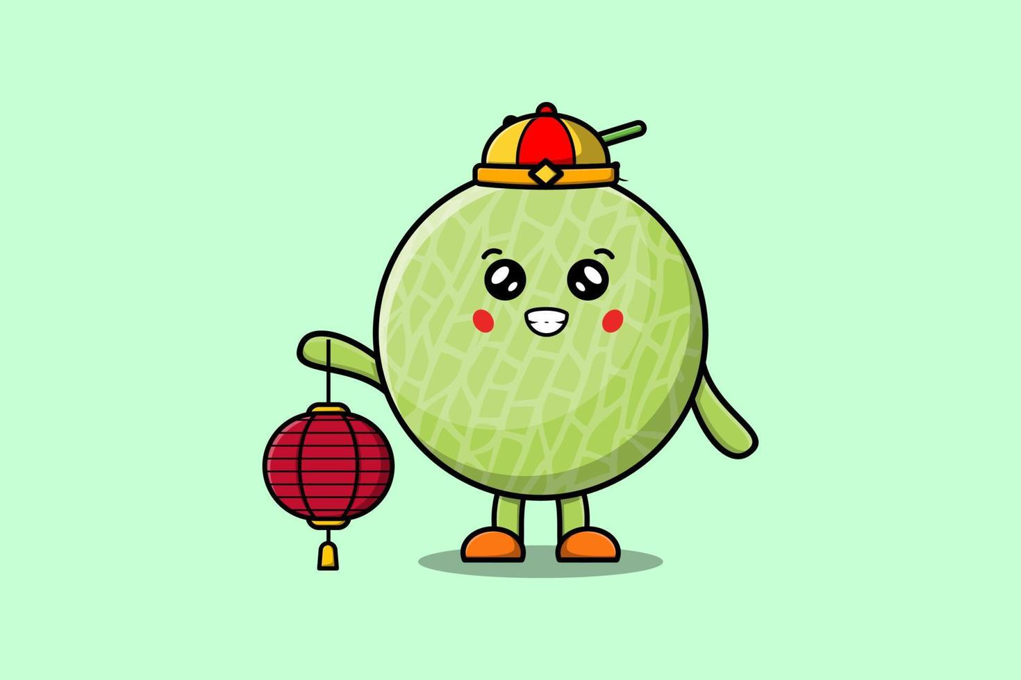 mignon dessin animé melon caractère chinois tenir la lanterne vecteur