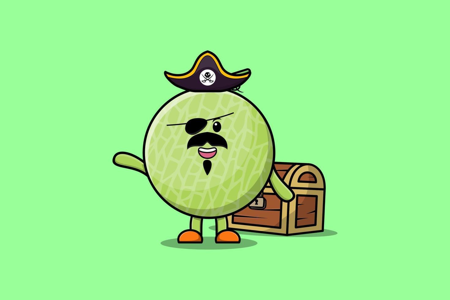 pirate de melon de dessin animé mignon avec boîte au trésor vecteur