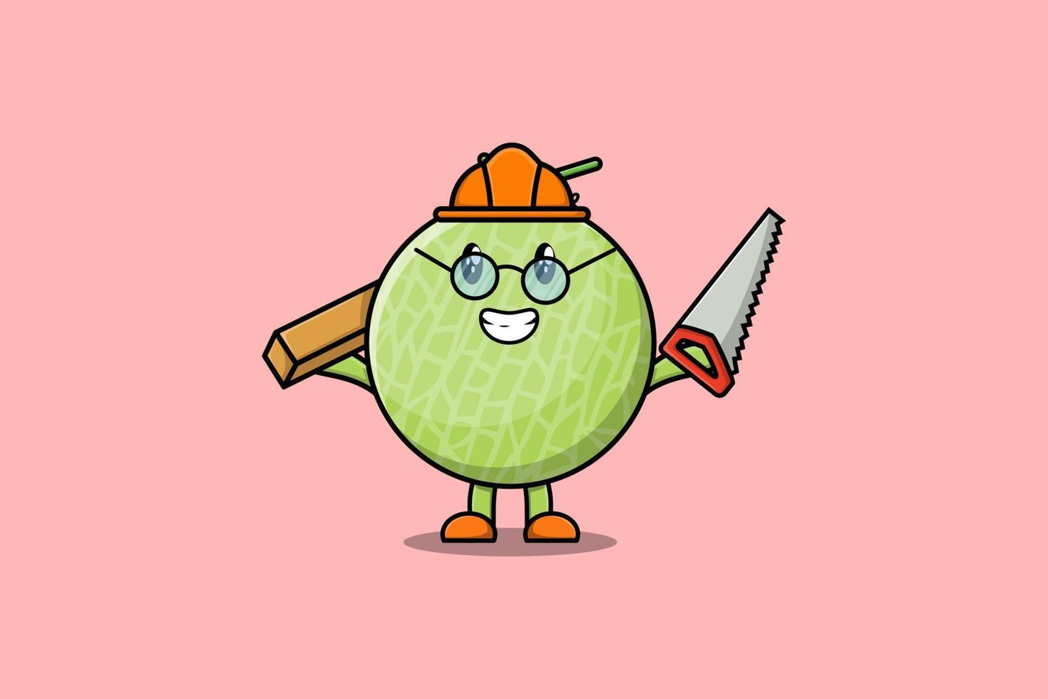 melon de dessin animé mignon en tant que personnage de charpentier avec scie vecteur