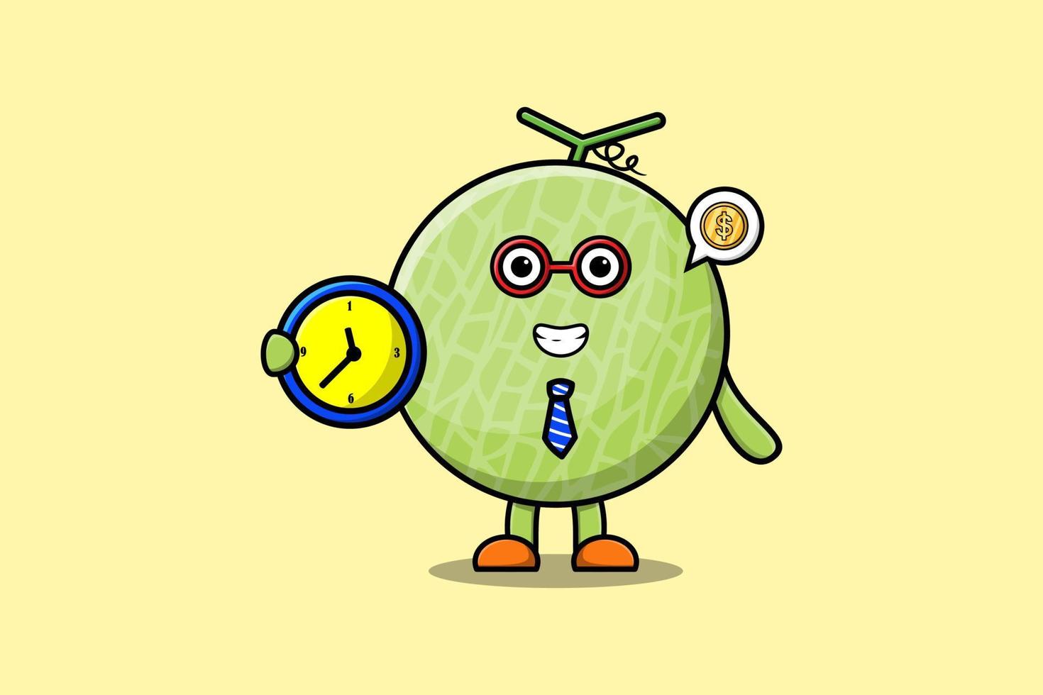 personnage de dessin animé mignon melon tenant une horloge vecteur